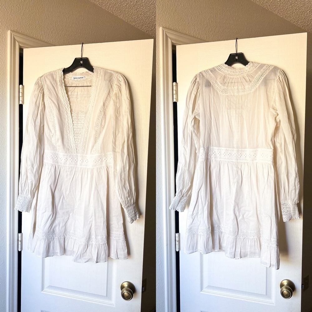 Reformation Dress Elisabetta Lace Long-Sleeve Cotton Mini Peasant Cream 10 EUC‎